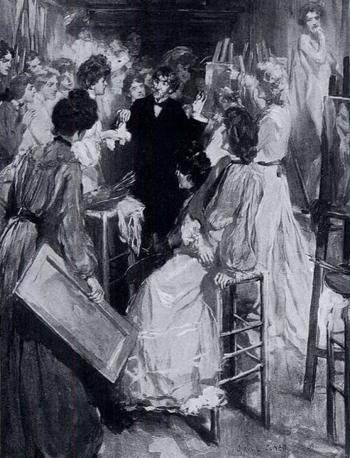 Whistler teaching a women’s atelier at his Académie Carmen. Printed in "Some Parisian Recollections by Cyrus Cuneo,"Pall Mall Magazine Vol. XXXVIII, November 1906, No. 163.
