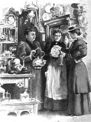 "Art Student Driving a Bargain in a Curio Shop," from: Aylward, Emily Meredyth. "The American Girls' Art Club in Paris." Scribner's Magazine, vol. 16, no. 5, November 1894, p. 599.