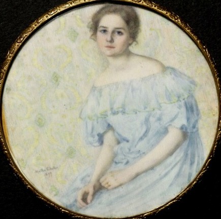 Martha Baker, "The Blue Gown," Portrait of Ethel Coe, watercolor on ivory, 1899, Cleveland Museum of Art. The miniature won a bronze medal at the St. Louis World's Fair in 1904