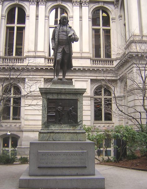 Greenough's most famous sculpture, an 1855 full-length portrait of Benjamin Franklin in bronze, gracing Boston's Old City Hall.