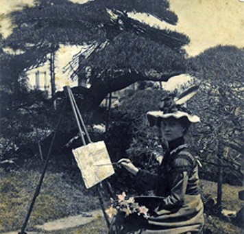 Photo of Blondelle Malone painting in an unknown garden, n.d.