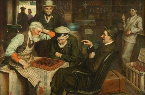 "The Checkers Game", Harold Matthews Brett, n.d., oil on canvas