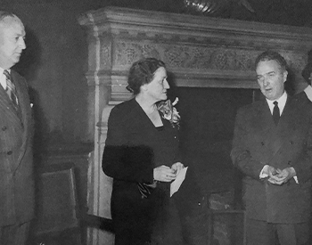David Bruce, American Ambassador to France, Dorothy F. Leet, President Reid Hall, Louis Joxe, Minister at a reception held in honor of Leet's promotion to Officer of the Legion of Honor, 1949. Photo retrieved from the RH archives.