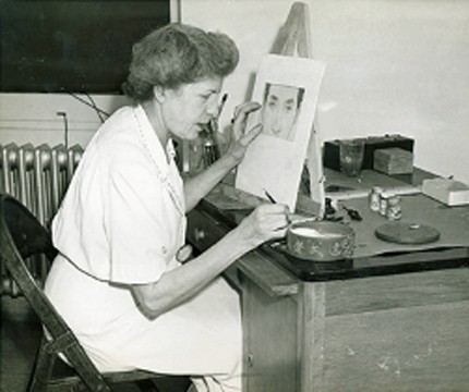 Mildred Burrage working on a facial injury watercolor at Halloran General Hospital (c. 1943). Collections of Maine Historical Society. 