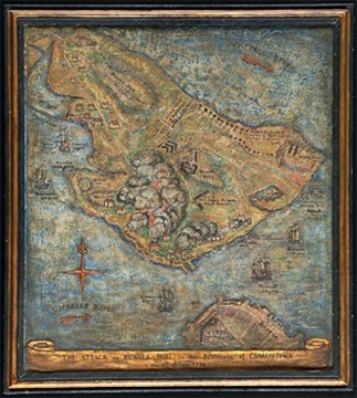 Mildred G. Burrage, “The attack on Bunker Hill in the peninsula of Charlestown the 17th of June 1775,” 1926, painted gesso. Norman B. Leventhal Map & Education Center at the Boston Public Library