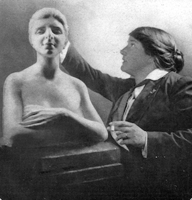 Photograph of Anna Ladd with her portrait bust of Mrs. Andrew Robeson Sargent, n.d. Two of the Foremost American Sculptors 56.