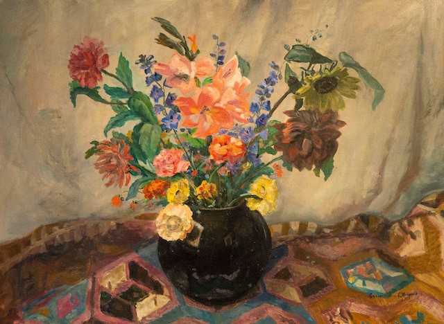 Germaine Chapuis, "Bouquet in a Black Vase, n.d., oil on canvas.