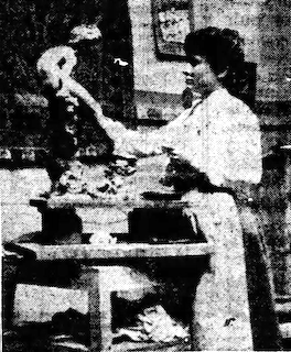 Photograph of Clara Pfeifer Garrett in her atelier. "Mrs. C.P. Garrett [...]"