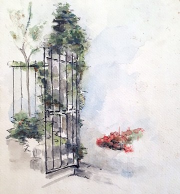 Watercolor of Reid Hall's courtyard gates, 1956-1957. Artist unknown. RH archives.