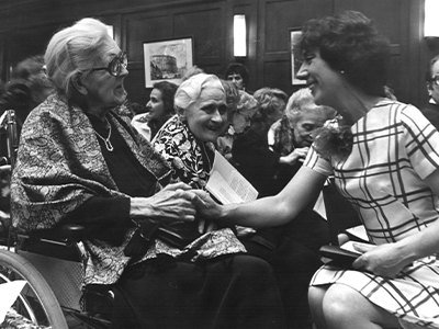 Danielle Haase-Dubosc and Nadia Boulanger. Boulanger's 90th birthday celebration at Reid Hall, 1978. Photograph retrieved from RH Archives.