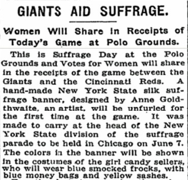 “Giants Aid Suffrage,” The New York Times, June 3, 1916, p.8