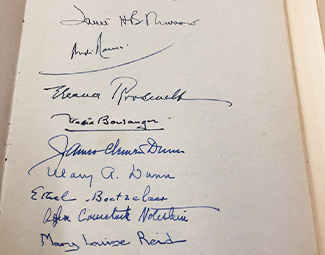 Page from Reid Hall's Guest Book, 1950's. Retrieved from the RH archives.