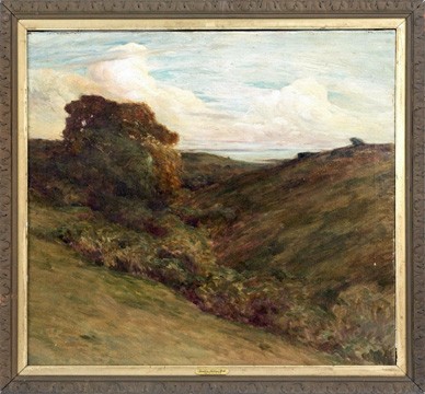 Caroline M. Hall [attributed to], "Hilly coastal landscape," n.d., oil on canvas. Invaluable.com