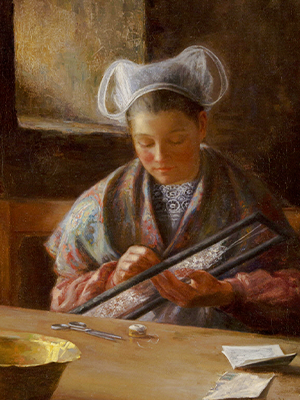 Elizabeth Harwood, “Brittany Girl Making Lace,” ca. 1910, oil on canvas. The Harwood Museum of Art