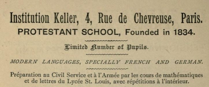 Advertisement for the Institution Keller, published in an 1889 Christian traveler's handbook (Reid Hall archives)