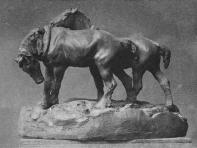 Grace Mott Johnson sculpture of horses, reprinted in: “Moore, Isabel. “A Sculptor of Animals.” The American Magazine of Art, volume 14, number 2, February 1923, p.61
