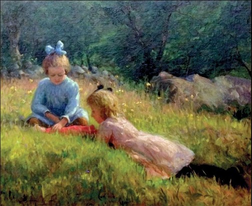 Lee Lufkin Kaula, "Girls Playing on a Hillside", undated, oil on canvas, J.M. Stringer Gallery