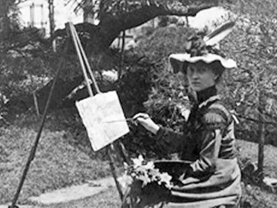 Undated photo of Blondelle Malone painting en plein air, University of South Caroliniana Library
