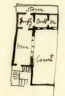 Julia Morgan's floorplan sketch of the Monclos atelier, showing an empty space, Budd's cubicle, and hers. The three men worked in one room, which the women had to cross in order to enter their own. Kastner p. 894