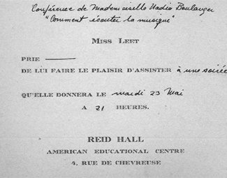 Invitation to listen to Nadia Boulanger. RH archives, scrapbook.