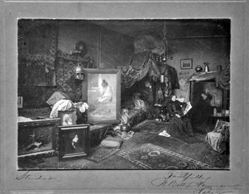 Willie Newman in her Paris studio, with “The Foolish Virgin” on an easel, 1897, photo by Jerry Atnip. Stanford Fine Art.