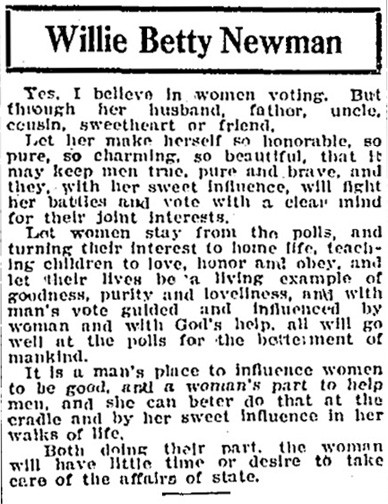 Newman’s decidedly non-feminist position on women’s suffrage, from The Nashville Tennessean, January 30, 1910, p. A3. 