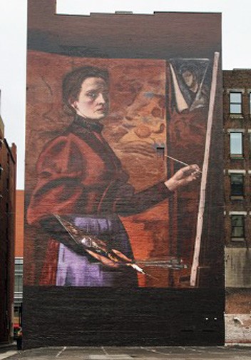 Elizabeth Nourse self-portrait mural, 8th Street and Walnut Street in Cincinnati, Ohio, 2015. 
