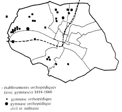 Map of orthopedic establishments in Paris, 1818-1860 (Quin & Monet 373) Map of orthopedic establishments in Paris, 1818-1860 (Quin & Monet 373)