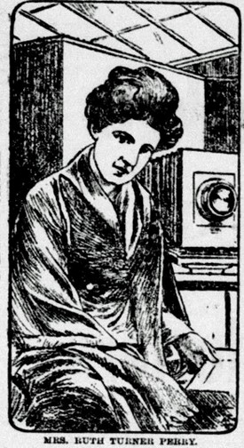 Illustration of Ruth Perry and her camera, from The Gladstone Age, February 11, 1909, p. 7