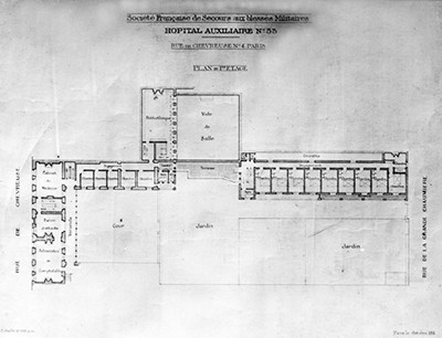 Floor plan of the second floor of the Hôpital militaire auxiliaire #53. Library of Congress.