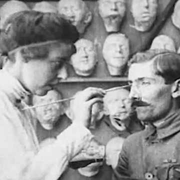 Jane Poupelet and soldier in Studio for Portrait Masks