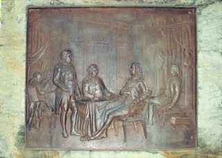 Thomas Ball, "Benjamin Franklin a Treaty of Paris," side panel of the Benjamin Franklin sculpture, Boston, Mass., 1856-1857, bronze