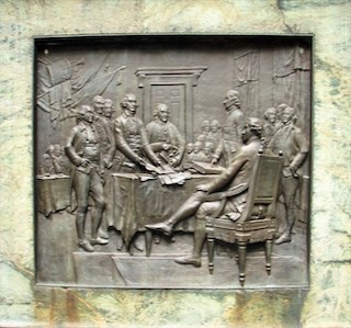 Thomas Ball, "Benjamin Franklin with Declaration of Independence," side panel of the Benjamin Franklin sculpture, Boston, Mass., 1856-1857, bronze