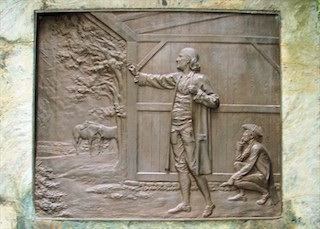 Richard S. Greenough, "Benjamin Franklin in Kite Shop," rear panel of the Benjamin Franklin sculpture, Boston, Mass., 1856-1857, bronze.