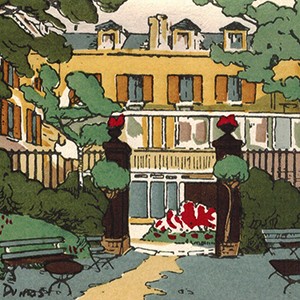 Esther Dumas, view from Reid Hall's second garden, ca. 1930, woodblock print. RH archives