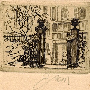 Unknown, View of Reid Hall from second garden, woodblock print. RH archives