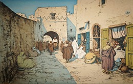 Tavík František Šimon, "Arab Stalls, Tangier," 1913, aquatint