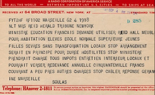 Radiogram sent by Victor Soulas, September 4, 1941. RH archives