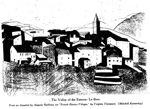 Augusta Rathbone, "The Valley of the Esteron: Le Broc," c. 1935, aquatint. New York Times, April 17, 1938