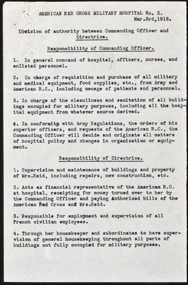 Outline of responsibilities at Hospital No. 3, 1918, Reid Hall archives