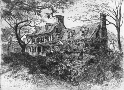 Alice E. Rumph, "Coke-Garrett House, Williamsburg, Virginia,” ca. 1934, hand-colored etching, Rockefeller Library, Colonial Williamsburg Foundation. Reprinted in Ingham 136