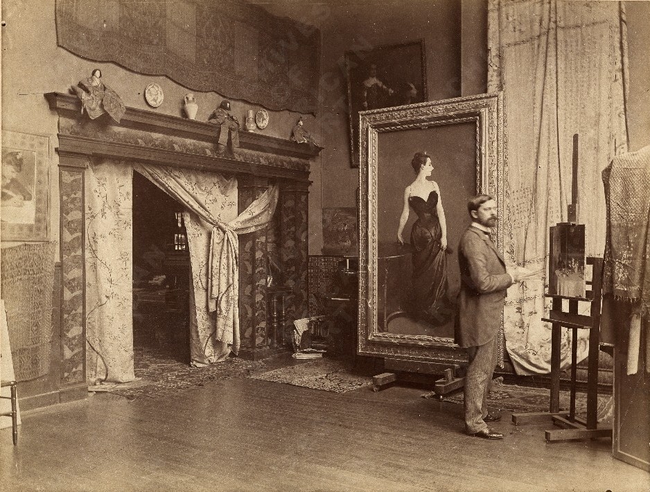 Photograph of John Singer Sargent in his Paris studio with his painting of "Madame X", unknown photographer, ca. 1885 (Private Collection)