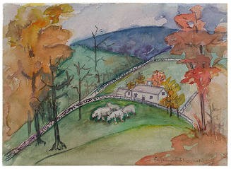Eugenie Shonnard, Faramhouse in Hot Springs, Virginia, 1958, watercolor pigment on paper. New Mexico Museum of Art