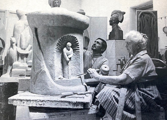 Photograph of Shonnard at work with artist Bacigalupa in her studio, c. 1972. Bourdelle Museum Archives