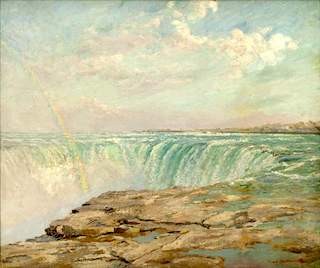 Claire Shuttleworth, "Horshoe Falls with Rainbow," c. 1915, oil on masonite. Burfield Penney Art Center
