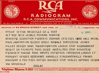 Radiogram announcing Reid Hall will be used as a residence for French students