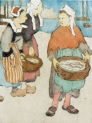 Maud Hunt Squire, “Le panier de poissons,” ca. 1910, colored etching. Musée départemental breton