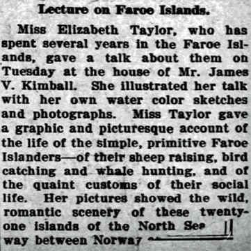 Review on one of Taylor’s Faroe Island lectures, Montclair Times, April 16, 1910, 5
