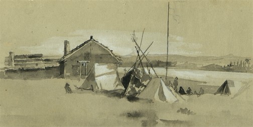 The Peel River Anglican mission. The flag honours the arrival of the Wrigley; the bell is for calling the faithful to service. Indian tents are in the foreground, and some of the occupants are at the edge of the embankment, whence they can see the Inuit tents below. Reprinted in Vanast, 2011, p. 151