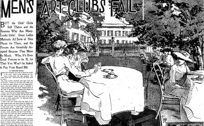 Uknown, illustration of tea at the Girls' Art Club, ca. 1910. "Men's Art Clubs Fail"
